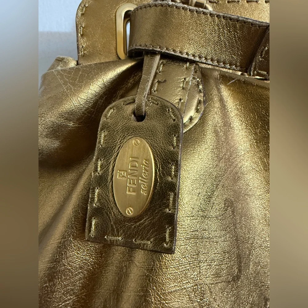 Fendi Gold Leather Selleria Villa‎ Borghese Satchel Shoulder Bag